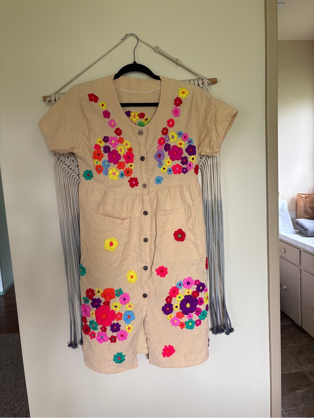 Embroidered Beige Midi Dress with Multicolor Floral Appliqués